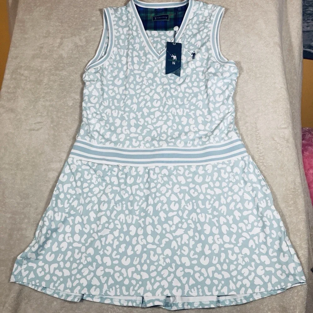 NWT William Murray Golf Dress L Sleeveless White Blue For Esteban Print Animal